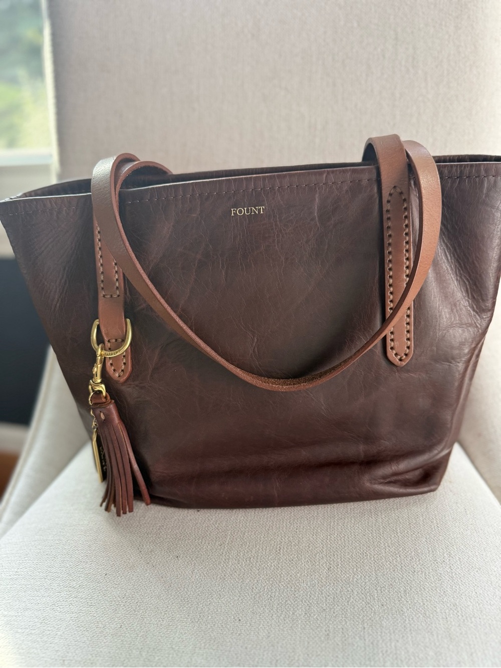 Fount Brown Leather Tote Bag with Tassel